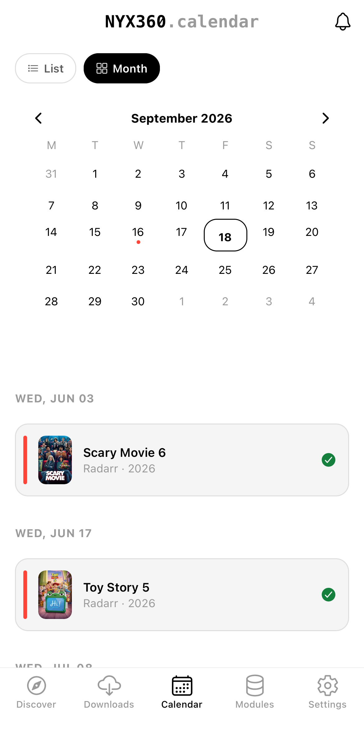 Calendar screen